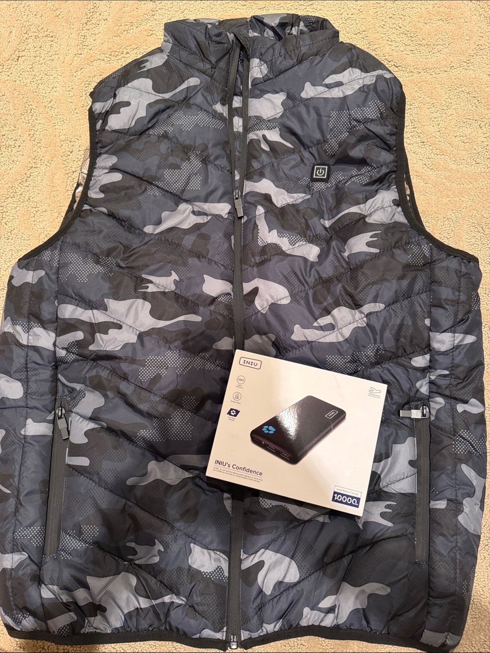 Heated Vest with Black Camo Pattern - Portable Battery Powered Warmth